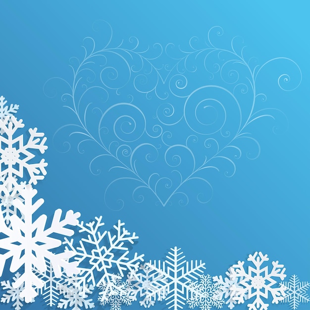 Fondo de navidad con copos de nieve y corazón en azul