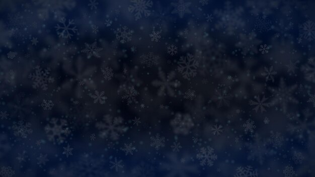Fondo de Navidad de copos de nieve de diferentes formas, tamaños, desenfoque y transparencia en colores azul oscuro