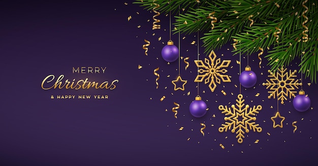 Fondo de Navidad con copos de nieve dorados colgantes y bolas moradas estrellas metálicas doradas confeti ramas de pino Feliz Navidad tarjeta de felicitación Vacaciones Navidad Año Nuevo cartel cubierta banner Vector