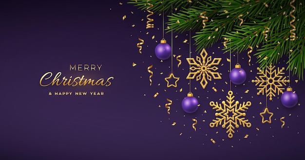 Fondo de navidad con copos de nieve dorados colgantes y bolas moradas estrellas metálicas doradas confeti ramas de pino feliz navidad tarjeta de felicitación vacaciones navidad año nuevo cartel cubierta banner vector