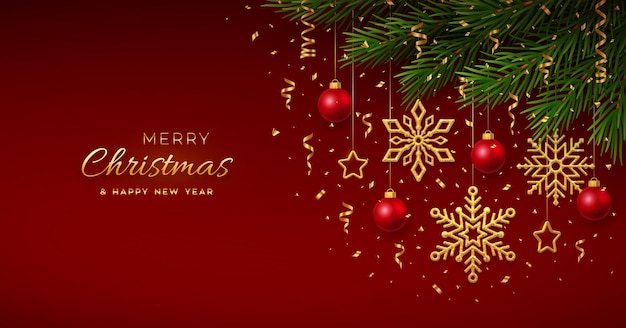 Fondo de Navidad con copos de nieve dorados colgantes y bolas rojas estrellas metálicas doradas confeti ramas de pino Feliz Navidad tarjeta de felicitación Vacaciones Navidad Año Nuevo cartel cubierta banner Vector