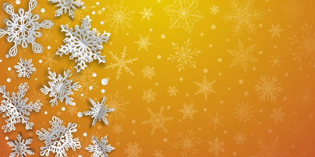 Fondo de Navidad con copos de nieve de papel de volumen con sombras suaves sobre fondo naranja