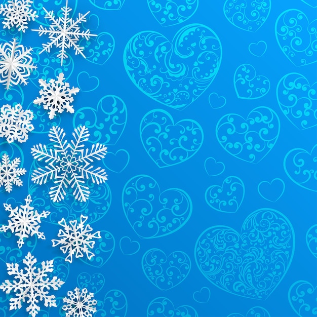 Fondo de navidad con copos de nieve sobre fondo de corazones en colores azul claro