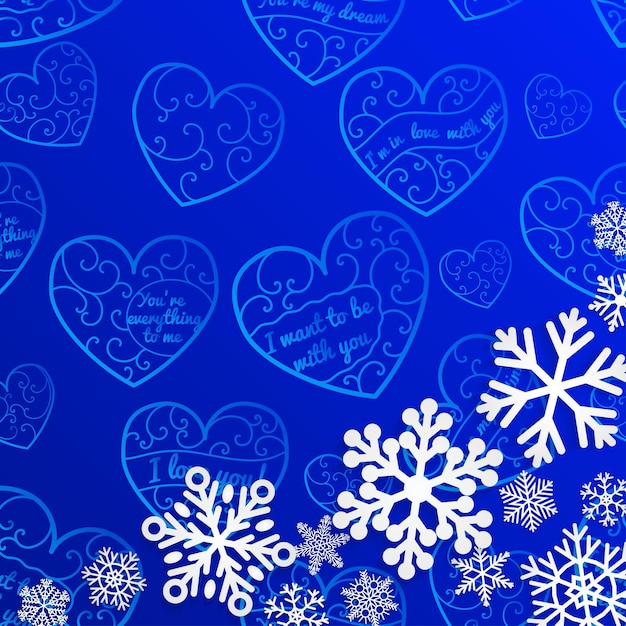 Fondo de Navidad con copos de nieve sobre fondo de corazones en colores azules