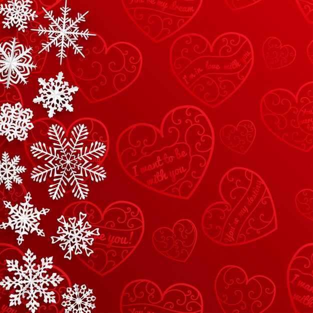 Fondo de Navidad con copos de nieve sobre fondo de corazones en colores rojos