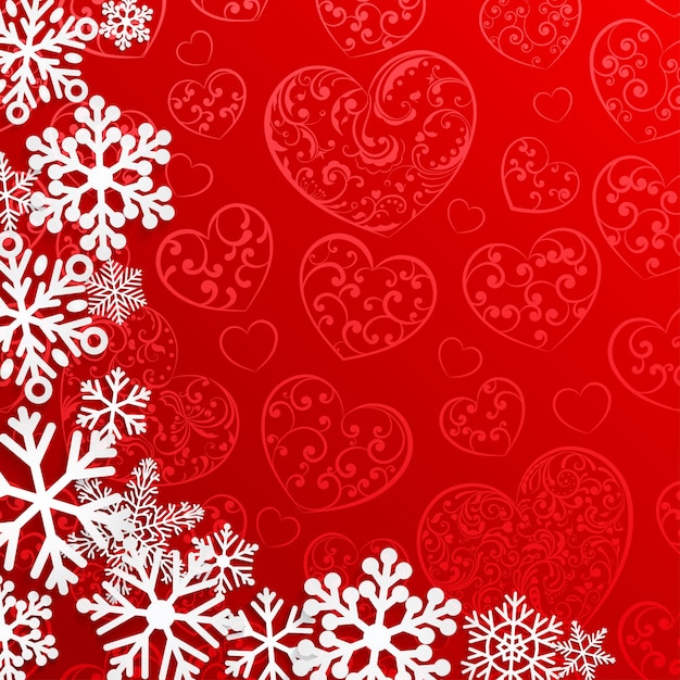 Fondo de Navidad con copos de nieve sobre fondo de corazones en colores rojos