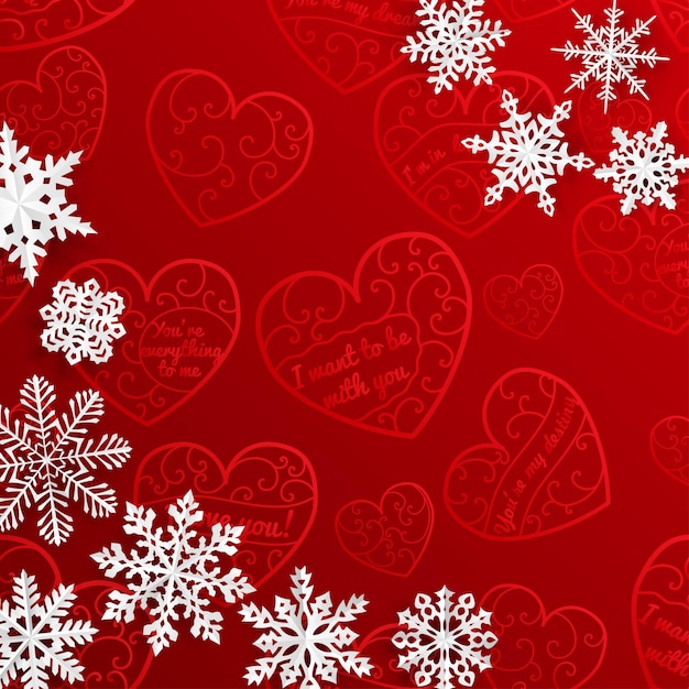 Fondo de Navidad con copos de nieve sobre fondo de corazones en colores rojos