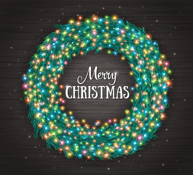 Fondo de Navidad con corona y coloridas luces brillantes de Navidad