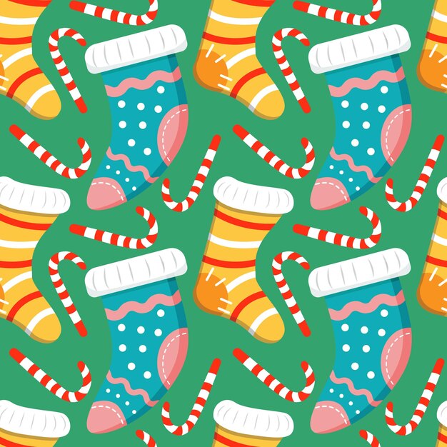 Fondo de Navidad sin costuras con calcetines de punto de Navidad con patrones y bastón de caramelo rayado