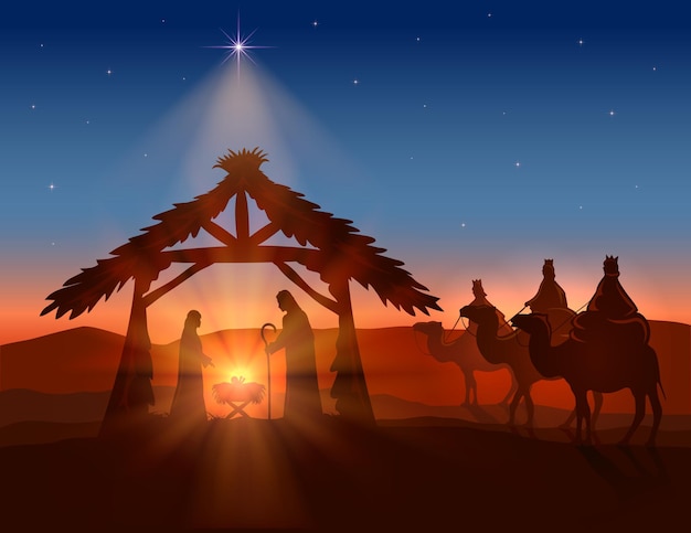 Fondo de Navidad cristiana. Nacimiento de Jesús, estrella brillante y tres reyes magos, ilustración.