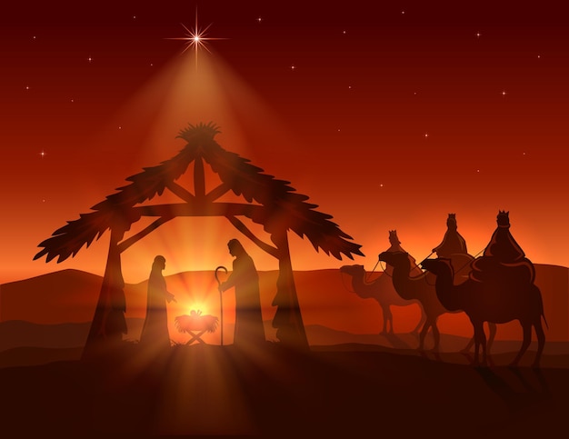 Fondo de Navidad cristiana. Nacimiento de Jesús, estrella brillante y tres reyes magos sobre fondo nocturno, ilustración.