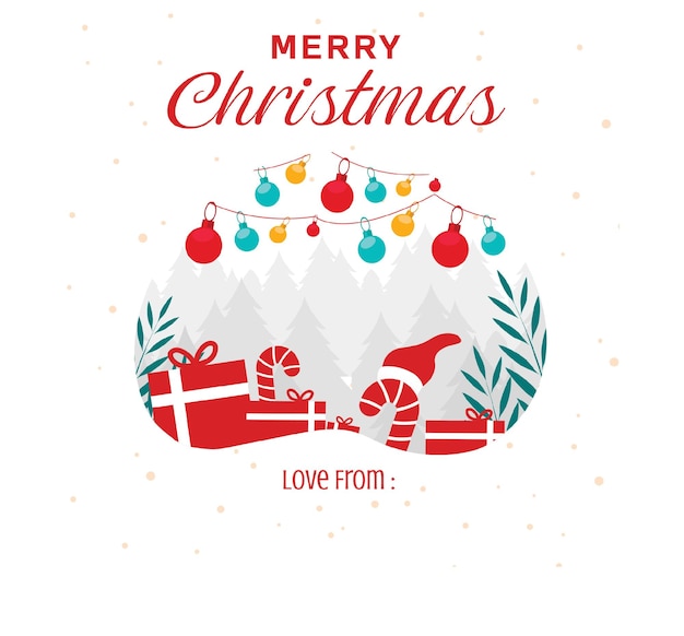 Fondo Navidad con decoraciones colgantes Navidad como bolas y caja de regalos