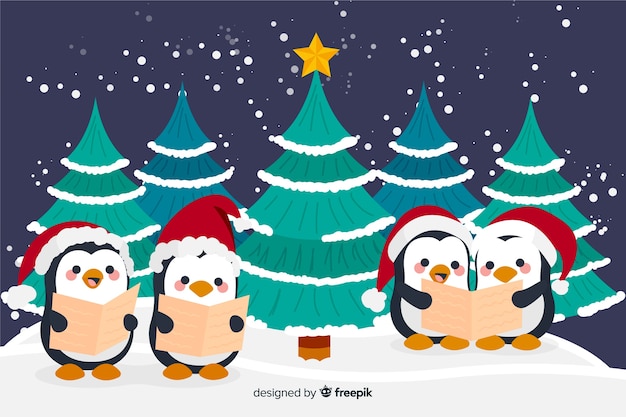 Fondo de Navidad dibujado a mano con pingüinos lindos