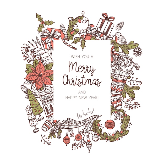 Fondo de Navidad con diferentes iconos y elementos festivos. Doodle de muérdago, medias, ramas de abeto y abeto, corona, campana, cajas de regalo, vela. Marco de vacaciones festivas