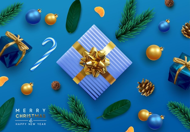 Fondo de Navidad. Diseñe cajas de regalos realistas, dulces, hojas verdes, bolas de Navidad, adornos decorativos, piña y rama de pino. Tarjeta de felicitación navideña, banner vectorial, póster web