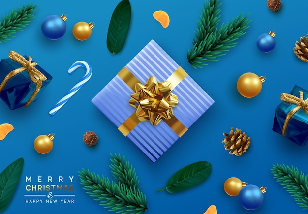 Fondo de navidad. diseñe cajas de regalos realistas, dulces, hojas verdes, bolas de navidad, adornos decorativos, piña y rama de pino. tarjeta de felicitación navideña, banner vectorial, póster web