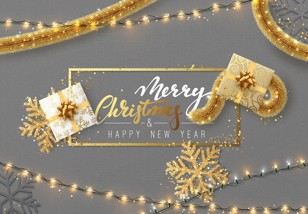 Fondo de Navidad con diseño de composición brillante. Guirnalda de luces brillantes de Navidad con regalos y oropel dorado. Banner vectorial de Navidad, carteles, tarjetas, sitio web