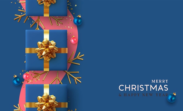 Fondo de Navidad. Diseño realista con objetos de decoración de Navidad 3d, caja de regalo, bola de adorno, copo de nieve brillante de metal dorado. confeti de purpurina. Composición de vista superior Flatlay. Tarjeta de felicitación, pancarta, póster.