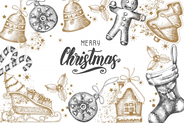 Fondo de Navidad con doodle dorado dibujado a mano