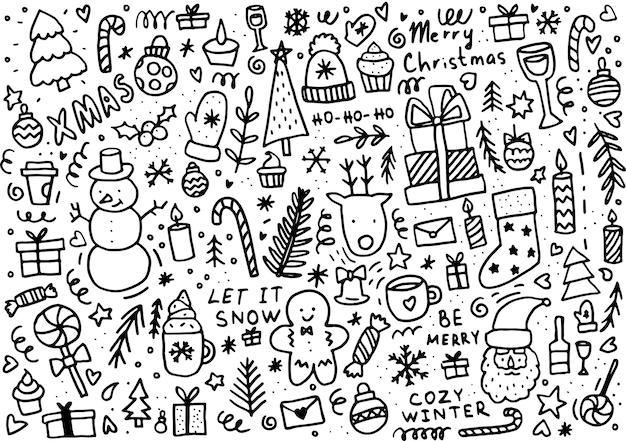 Fondo de navidad de doodle. elementos de invierno para tarjetas de felicitación, carteles, pegatinas y diseño de temporada.