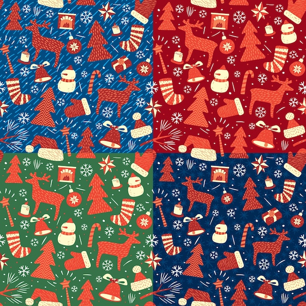 Fondo de Navidad para envolver regalos Un conjunto de diferentes esquemas de color Patrones sin fisuras