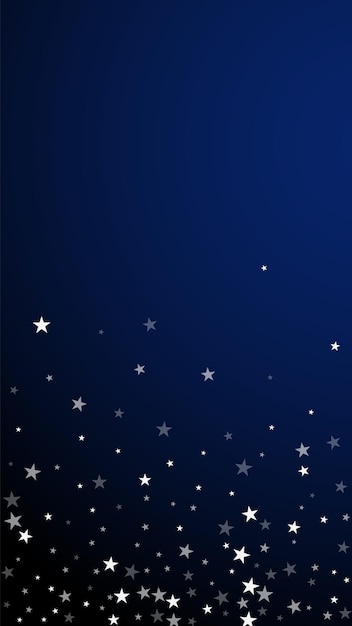 Vector fondo de navidad de estrellas fugaces al azar. sutiles copos de nieve voladores y estrellas sobre fondo azul oscuro. atractiva plantilla de superposición de copo de nieve de plata de invierno. ilustración vertical óptima.