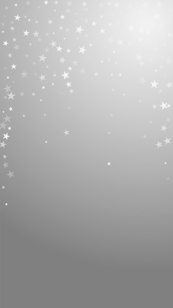 Fondo de navidad de estrellas fugaces al azar. sutiles copos de nieve voladores y estrellas sobre fondo gris. increíble plantilla de superposición de copo de nieve de plata de invierno. preciosa ilustración vertical.