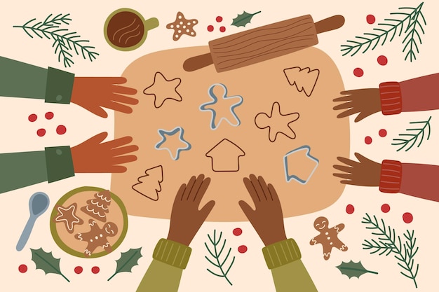 Fondo de Navidad Familia haciendo galletas de Navidad Concepto familiar Navidad sostenible