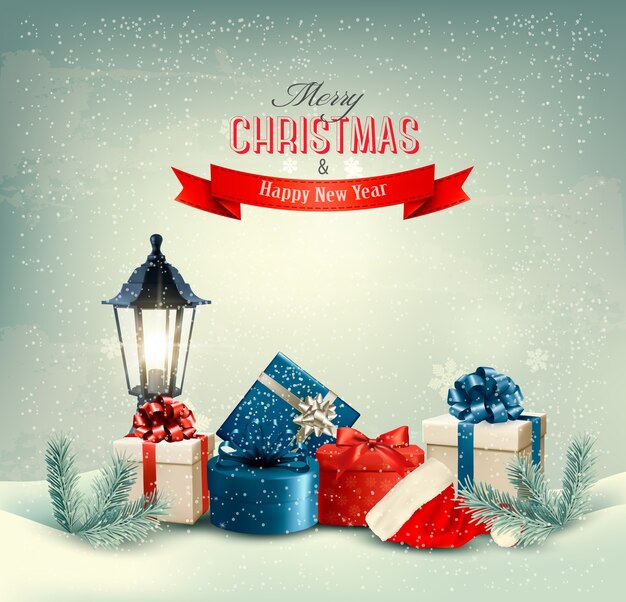 Fondo de Navidad con farol y regalos.