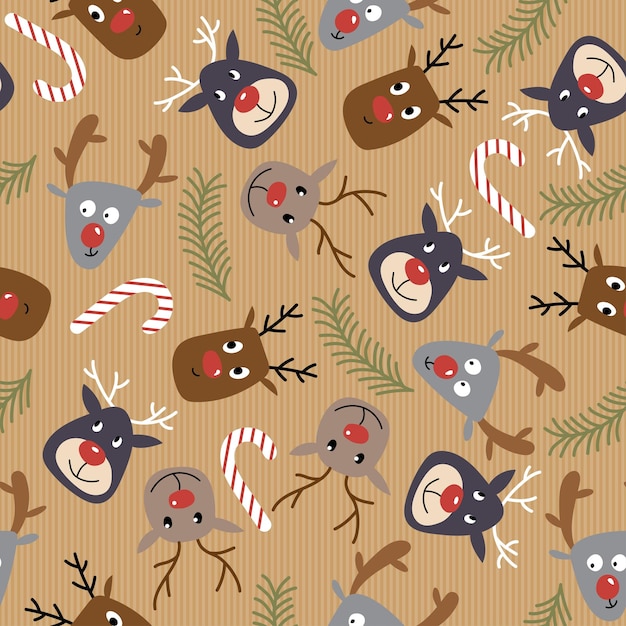 Fondo de Navidad sin fin. Lindo ciervo estilizado, piruleta y rama de abeto. Patrón de repetición sin fisuras. Doodle de dibujos animados.