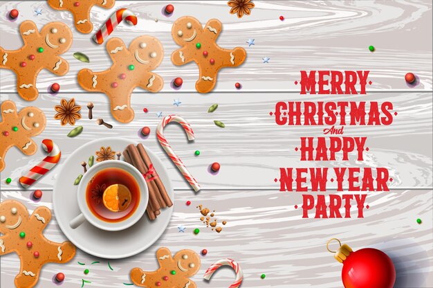 Fondo de Navidad, galletas de jengibre, bastones de caramelo, imagen vectorial