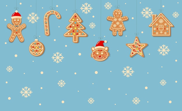 Fondo de Navidad con galletas de jengibre para colgar. Árbol de Navidad, tigre, pelota, estrella, caramelo, hombre de pan de jengibre, mujer de pan de jengibre, casa.