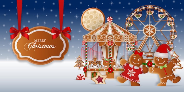 Vector fondo de navidad con galletas de jengibre. paisaje de pan de jengibre con parque de atracciones, hombre de pan de jengibre