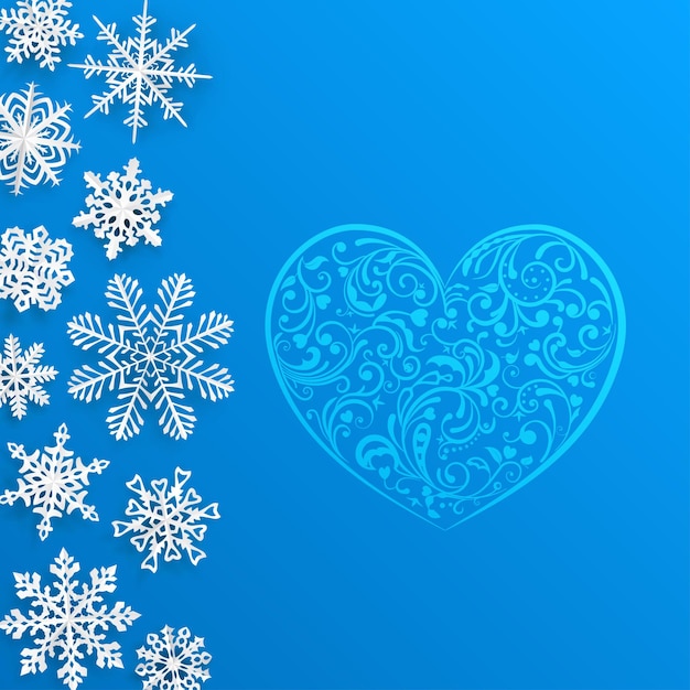 Fondo de Navidad con gran corazón y copos de nieve sobre fondo azul claro