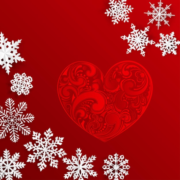 Fondo de Navidad con gran corazón y copos de nieve sobre fondo rojo.