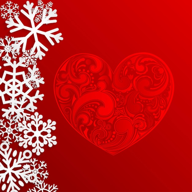 Fondo de Navidad con gran corazón y copos de nieve sobre fondo rojo.