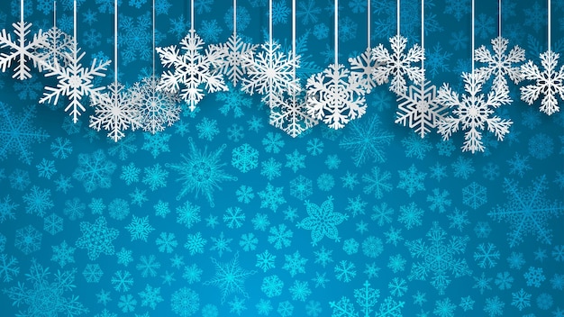 Fondo de Navidad con grandes copos de nieve colgantes blancos sobre fondo azul de pequeños copos de nieve Ilustración de vector de Navidad de hermosos copos de nieve grandes y pequeños Copos de nieve colgando de las cuerdas