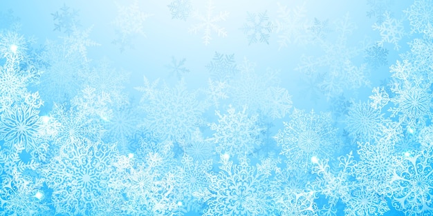 Vector fondo de navidad de grandes copos de nieve complejos en colores azul claro