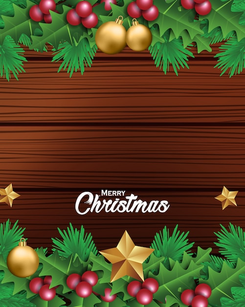 Vector fondo de navidad con hojas y decoraciones de navidad en fondo de madera