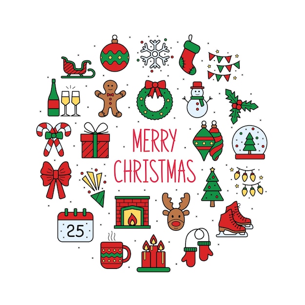 Fondo de Navidad con iconos. Tarjeta de feliz navidad. Ilustración vectorial