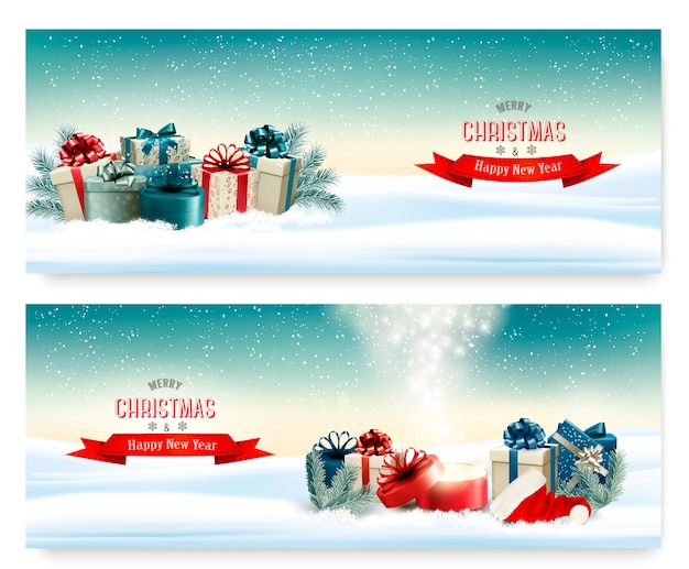Fondo de Navidad de invierno con coloridos regalos Vector