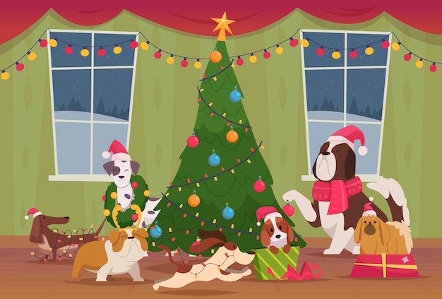 Fondo de navidad lindos animales divertidos perros que se preparan para el año nuevo decoran el árbol de navidad ilustración vectorial exacta