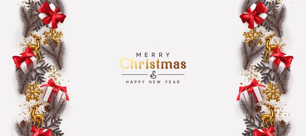 Fondo de Navidad. Línea de borde de vacaciones de elementos navideños, ramas de pino, ciervos dorados, arco rojo de cajas de regalo blanco, confeti dorado brillante, copos de nieve 3d metálicos. diseño de navidad. ilustración vectorial