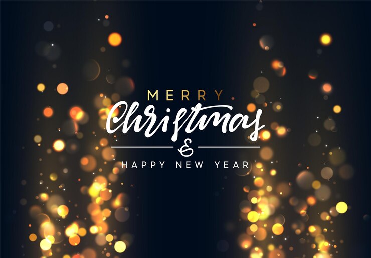 Vector fondo de navidad con luces doradas bokeh. tarjeta de felicitación de navidad. afiche mágico de vacaciones, pancarta. fondo de destellos de oro brillante de noche. feliz navidad y próspero año nuevo