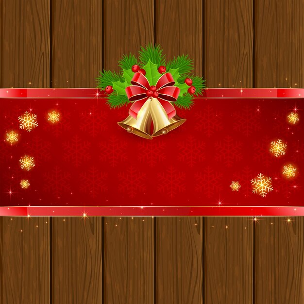 Fondo de Navidad de madera con lazo rojo y campanas
