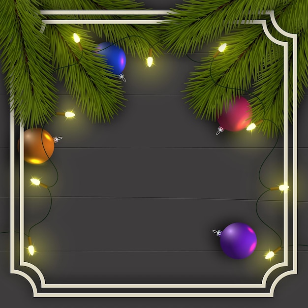 Fondo de Navidad. Marco de ramas de árboles de Navidad. Con guirnalda de luces y bolas brillantes. Eps 10