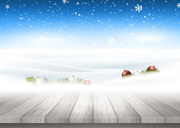 Fondo de Navidad con mesa de madera mirando al paisaje nevado