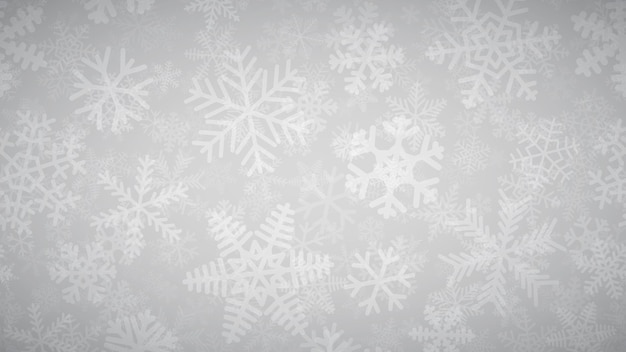 Fondo de Navidad de muchas capas de copos de nieve de diferentes formas, tamaños y transparencias. Blanco sobre gris claro.