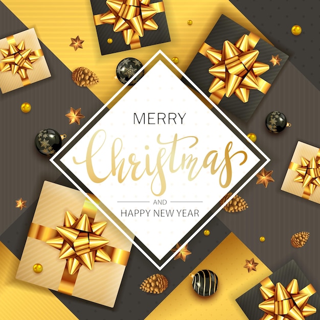 Fondo de Navidad negro y dorado y tarjeta con letras de vacaciones. Bolas, piñas, regalos con lazo dorado, estrellas. La ilustración se puede utilizar para el diseño de Navidad, carteles, tarjetas, sitios web, encabezados.
