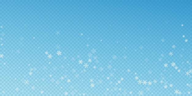 Fondo de Navidad de nevadas escasas. Sutiles copos de nieve voladores y estrellas sobre fondo azul transparente. Plantilla de superposición de copo de nieve de plata de invierno auténtica. Ilustración vectorial extraordinaria.